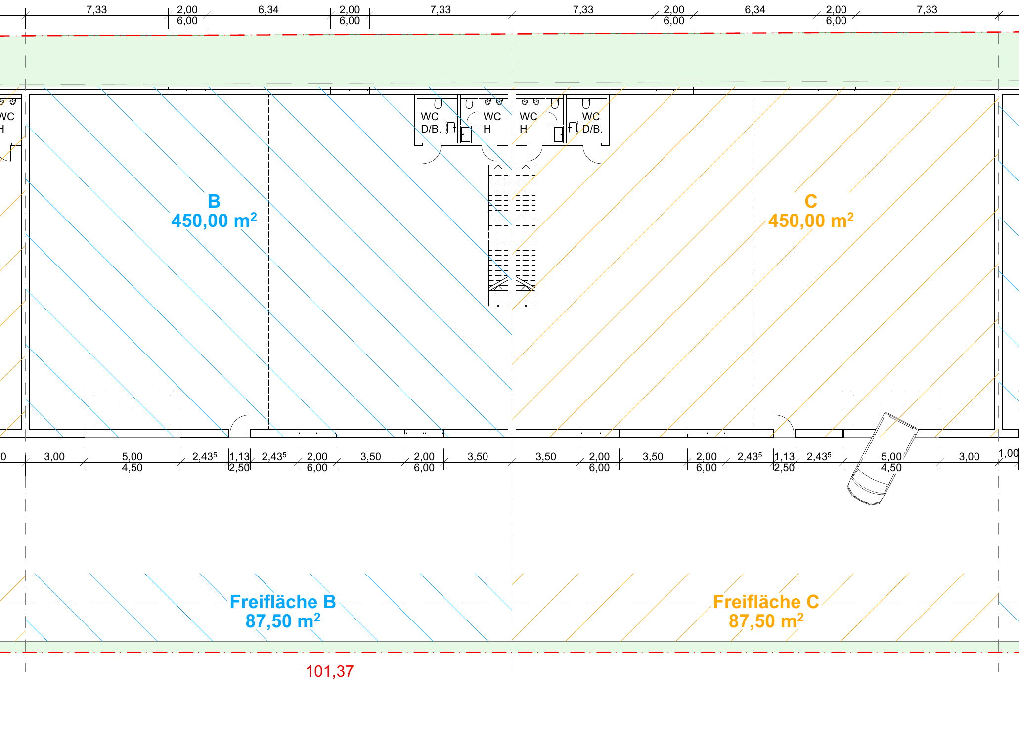 Grundriss Erdgeschoss der Segmente B und C mit je 450 m² Hallenfläche und 87,5 m² Freifläche
