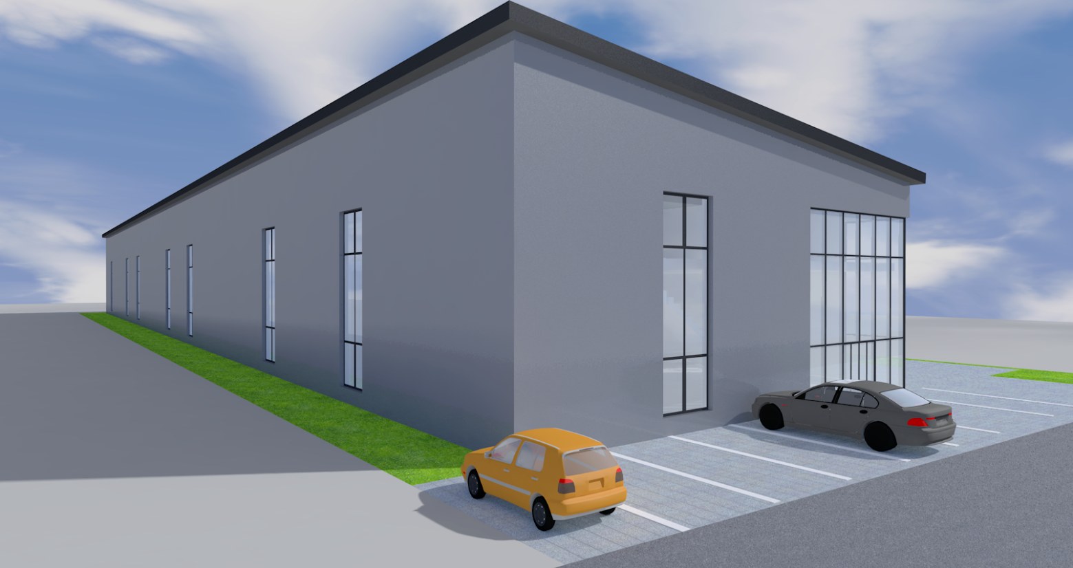 Visualisierung der Gewerbehalle — Ansicht mit Glasfassade und Stellplätzen